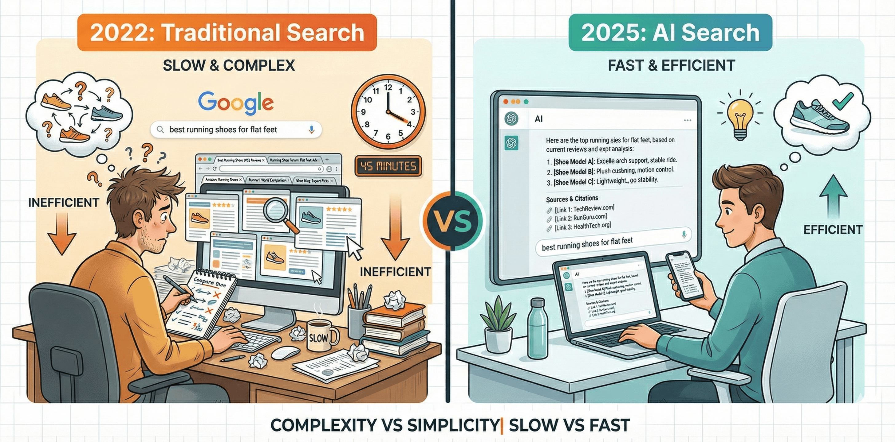 Side-by-side comparison of traditional search in 2022 (person visiting multiple websites over 45 minutes) versus AI search in 2025 (person getting instant answers from ChatGPT in 2 minutes)