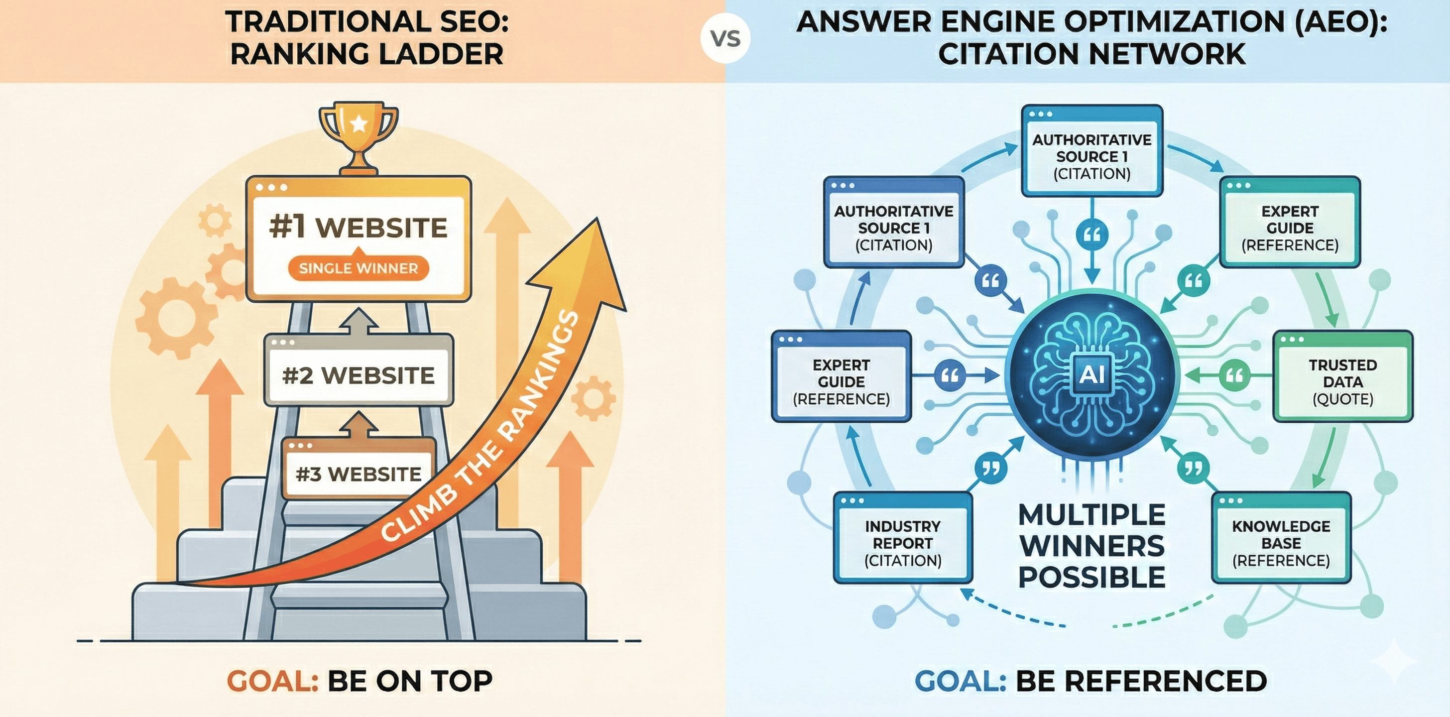 Conceptual diagram comparing SEO (websites competing to rank #1 on a podium) versus AEO (multiple websites being cited and referenced by AI engines as authoritative sources)