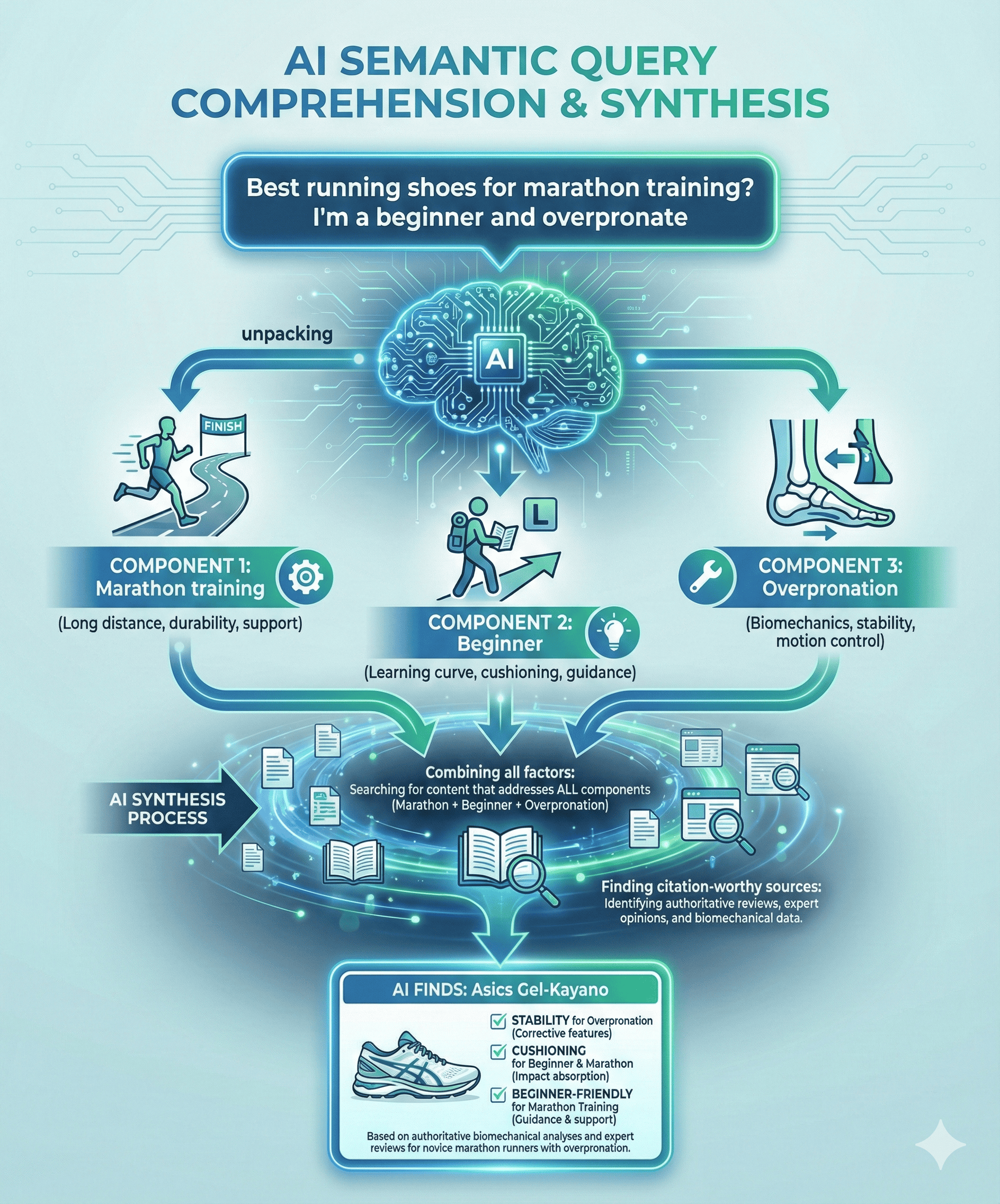 Illustration showing how AI comprehends complex semantic queries by understanding multiple components: marathon training, beginner level, and overpronation needs