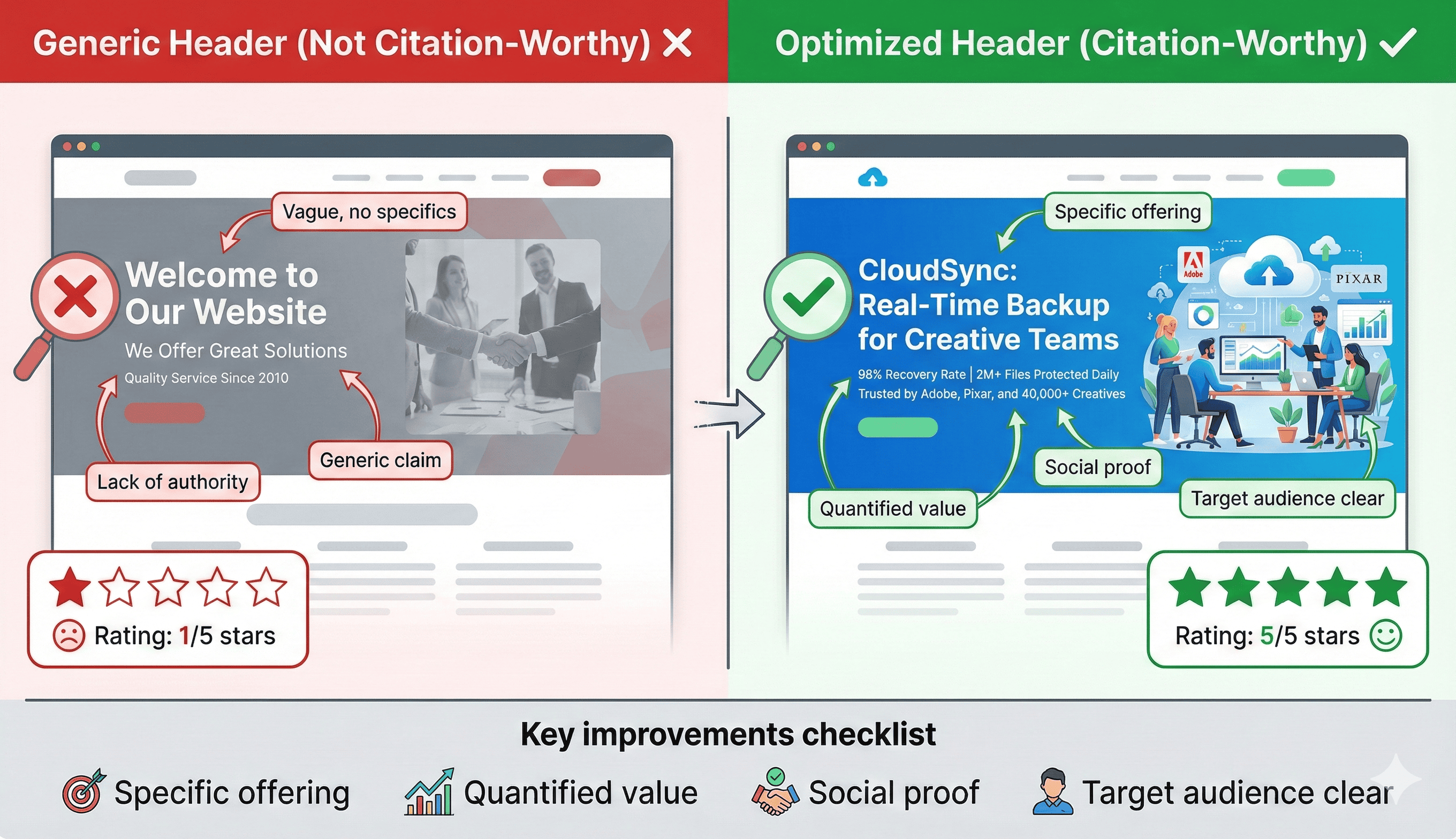 Before/After comparison showing transformation from generic homepage headers to optimized, citation-worthy headers with specific value propositions and statistics