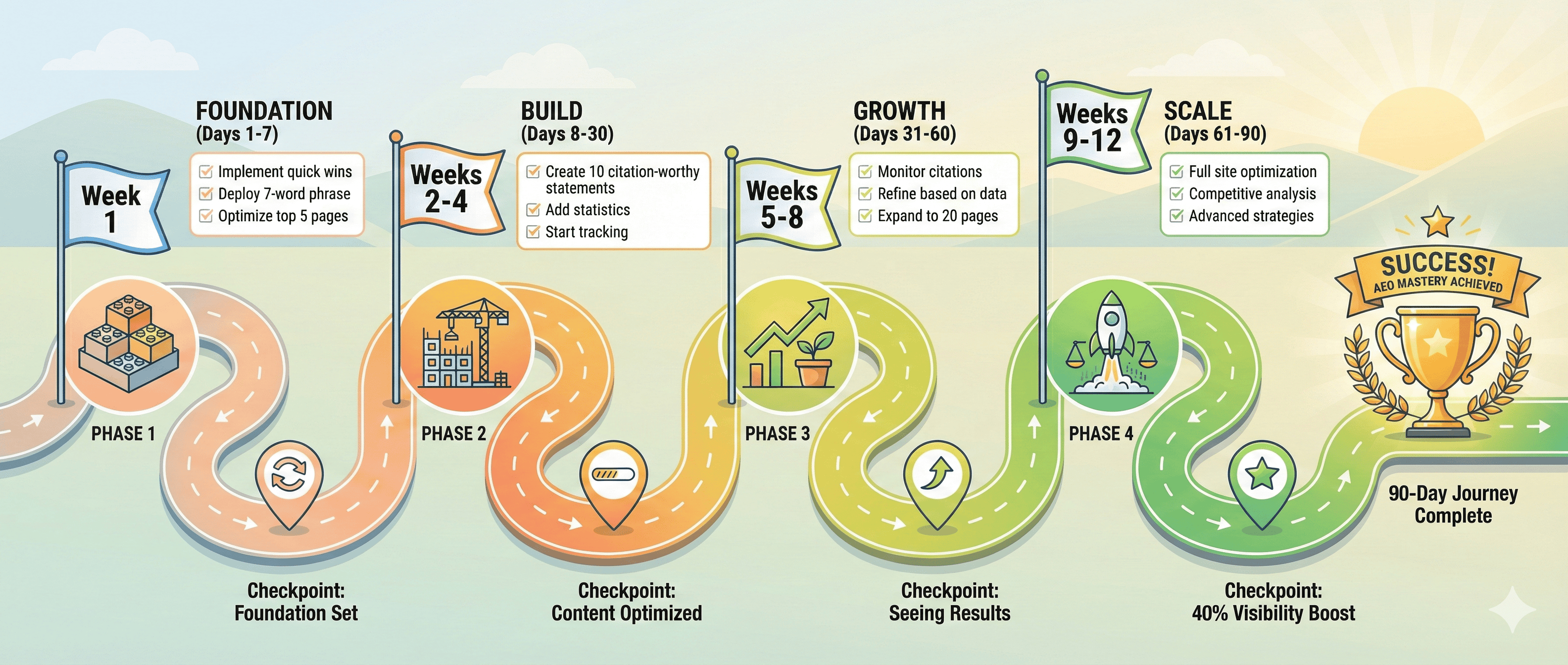 Horizontal roadmap showing 90-day AEO implementation journey across 4 phases: Days 1-7 (Foundation), Days 8-30 (Build), Days 31-60 (Growth), Days 61-90 (Scale)